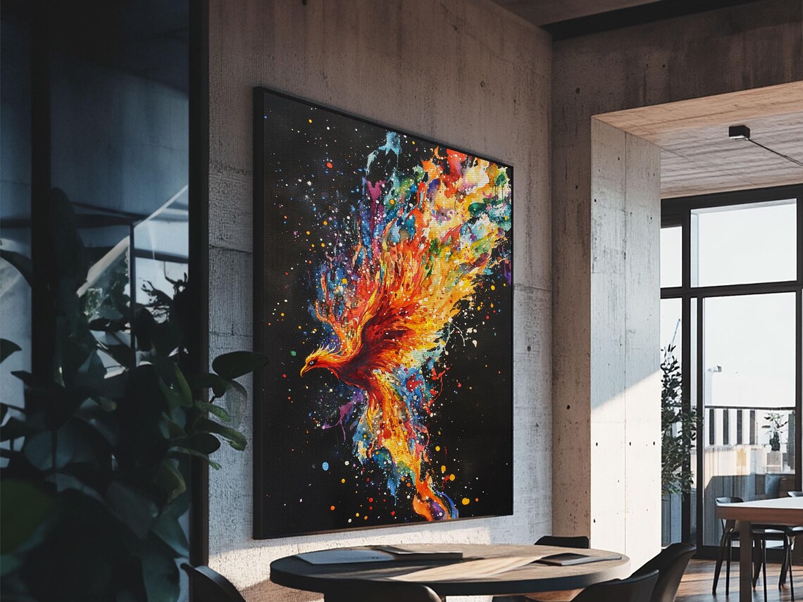 Rainbow Phoenix In Flames, Original Painting Art Print