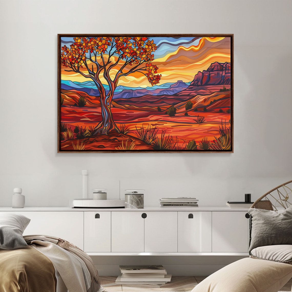 Red Desert Canyon Sunset Twisted Tree Stylized Landscape Wall Art - Image 4