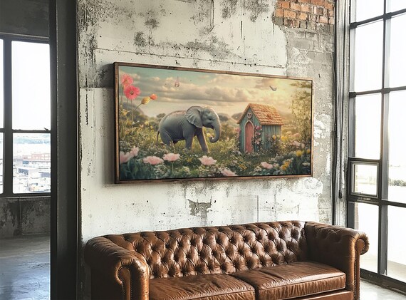 Baby Elephant Flower Meadow Cottage Pastel Whimsical Nursery Wall Art Poster
