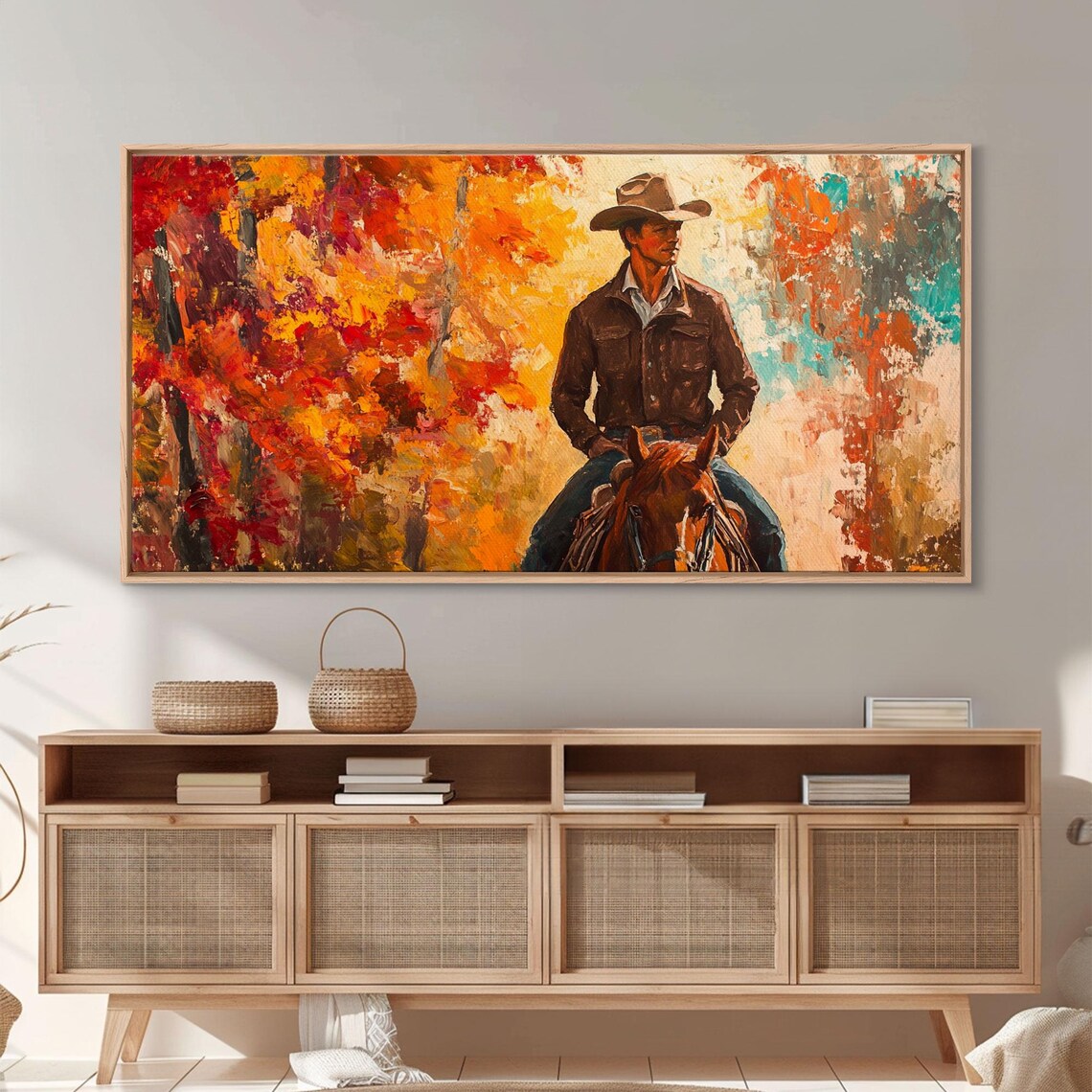 Cowboy On Horseback Against A Fiery Abstract Autumn Sky Art Print - Image 2