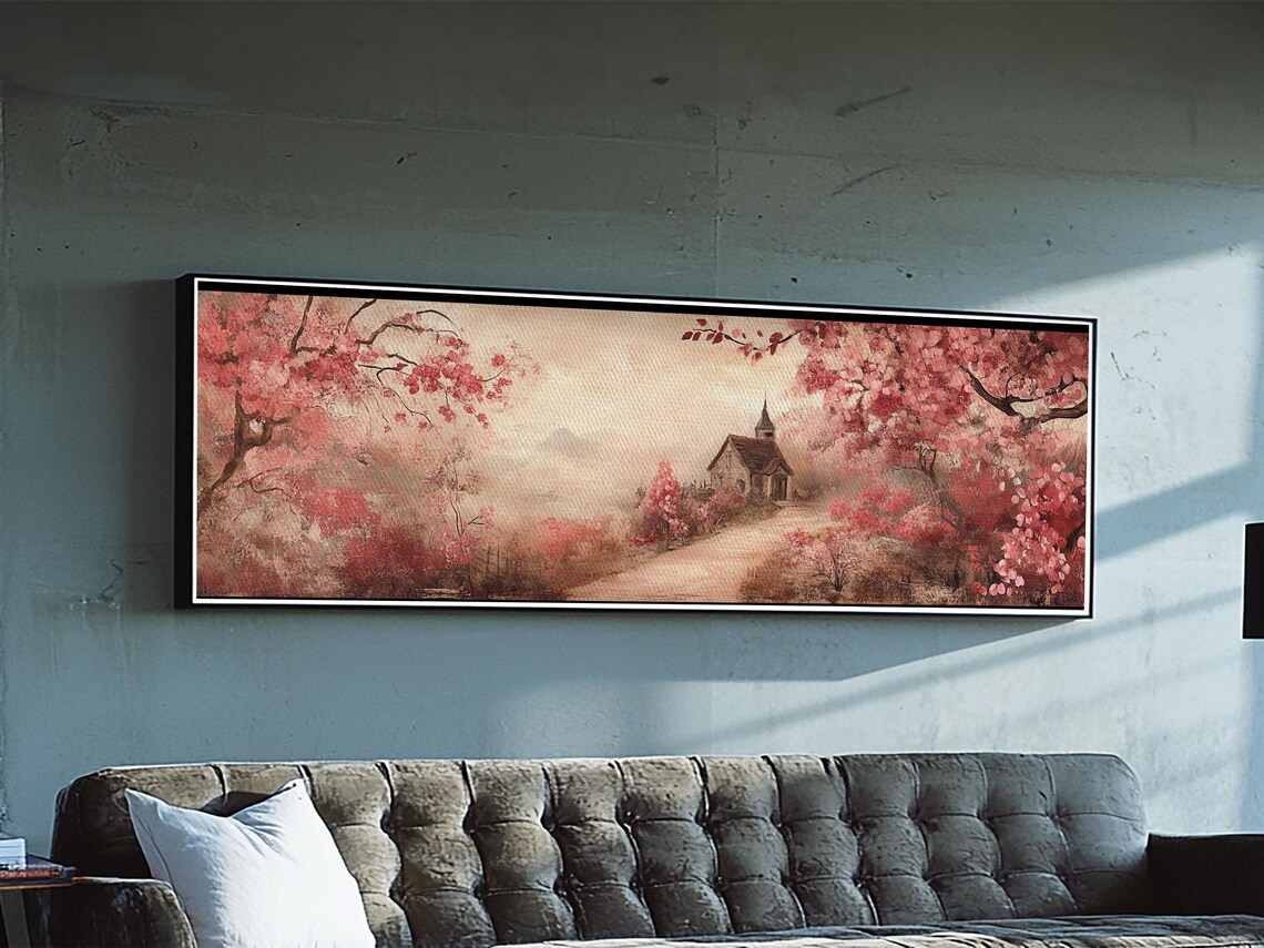 Cherry Blossom Chapel Path Pink Blossoms Misty Panoramic Rustic Wall Poster - Image 4