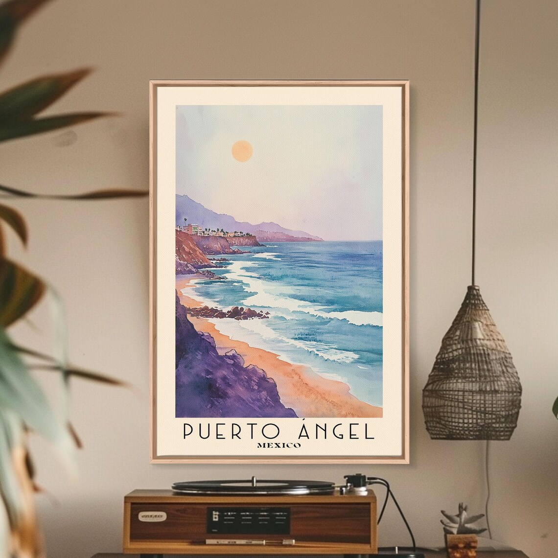 Puerto Angel Mexico Rocky Coastline Sunset Surf Headland Blue Ocean Watercolor Poster - Image 2