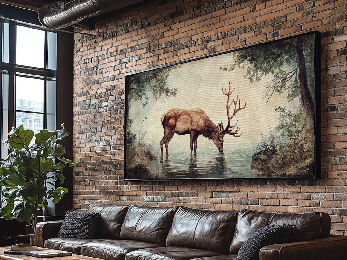 Elk Drinking Water in the Forest, Rustic Cabin Art Print
