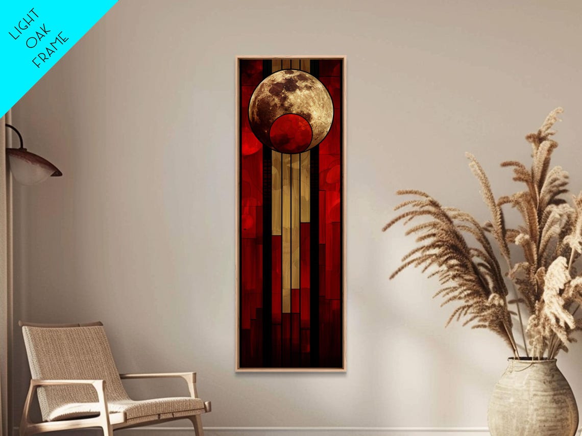 Geometric Sun Moon Celestial Art Red Beige Modern Tall Print - Image 2
