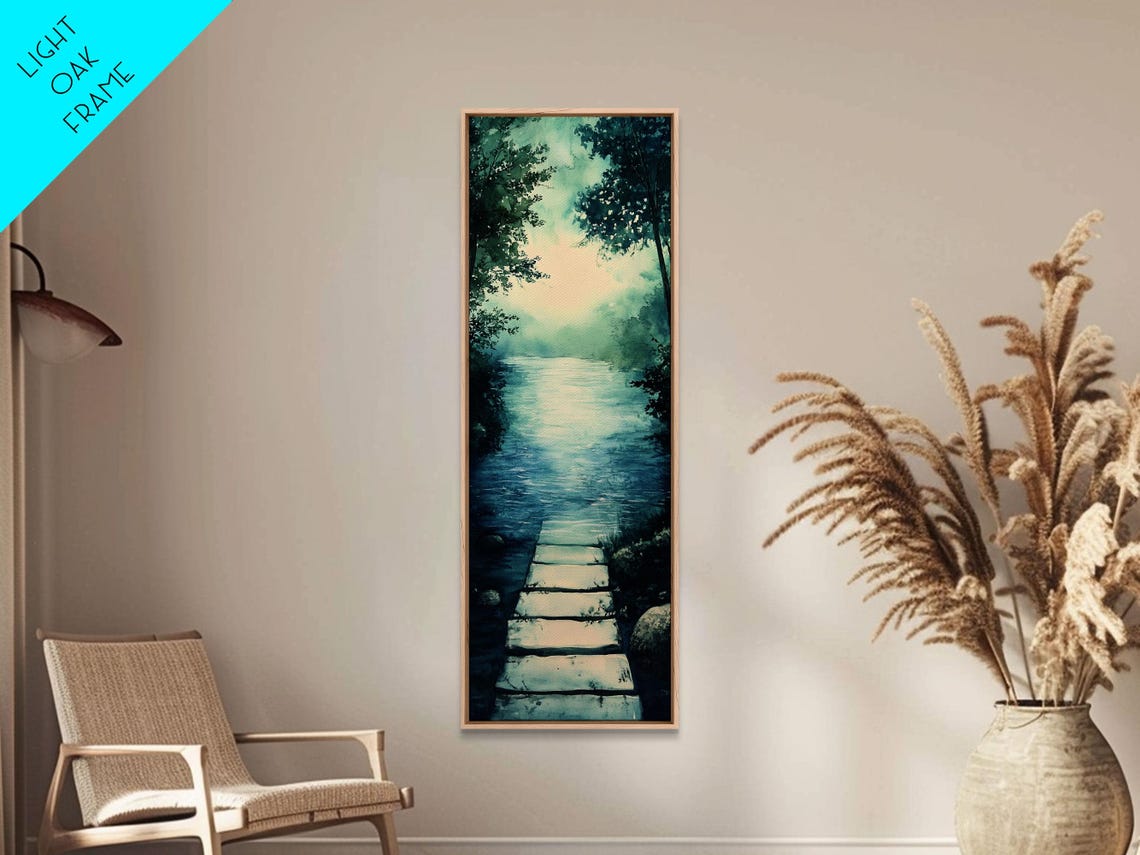 Serene Blue River Stepping Stones Misty Forest Path Art Poster - Image 5