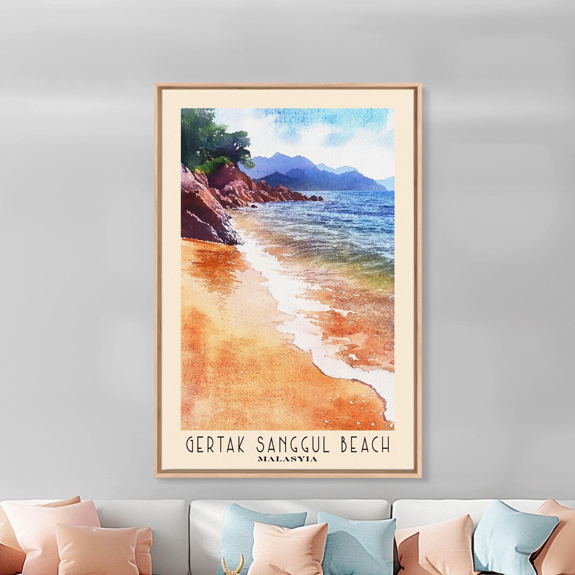 Gertak Sanggul Beach Malaysia Orange Sand Rocky Headland Blue Sea Watercolor Poster - Image 3