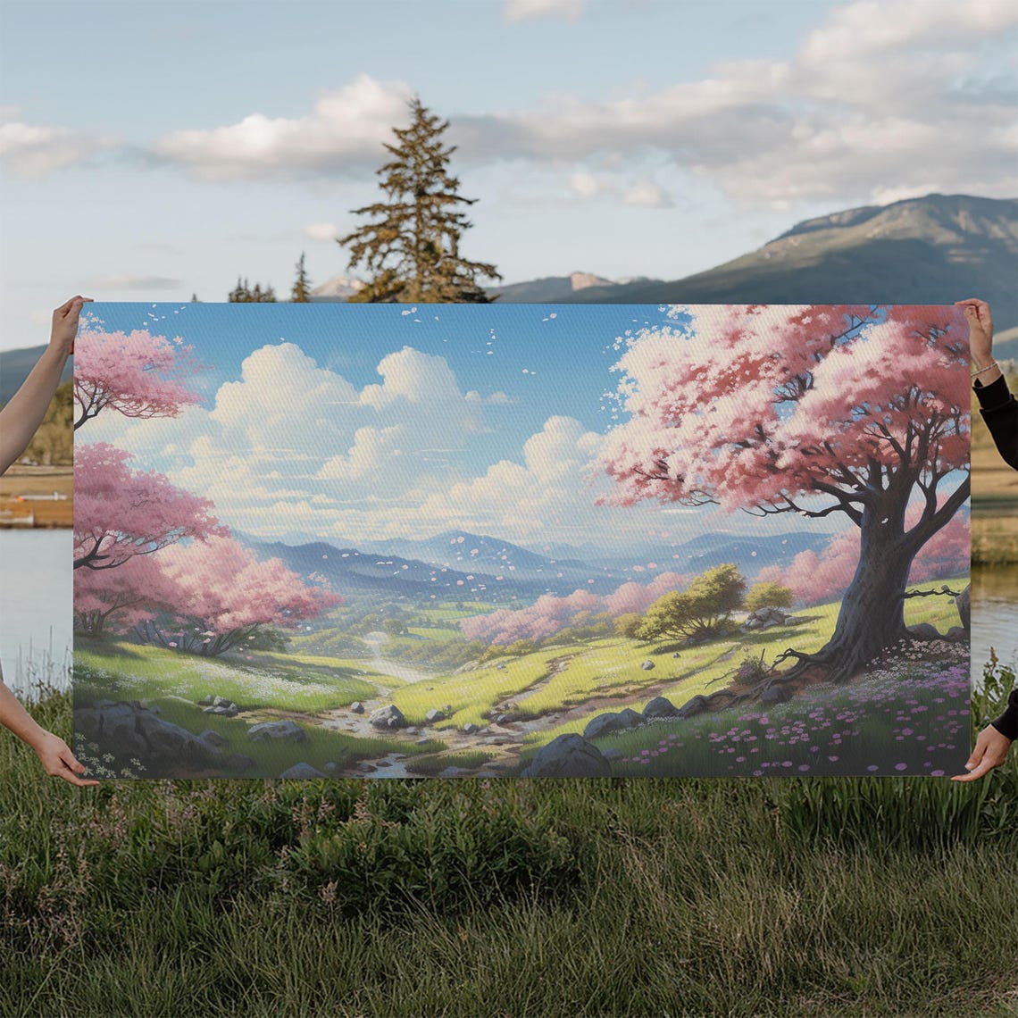 Cherry Blossom Valley Mountain Stream Spring Landscape Art Poster
