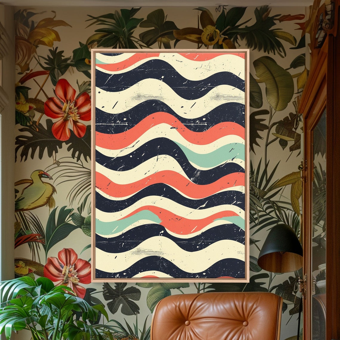 Retro Distressed Wavy Ripple Wall Art Print Coral Navy Cream Abstract - Image 4