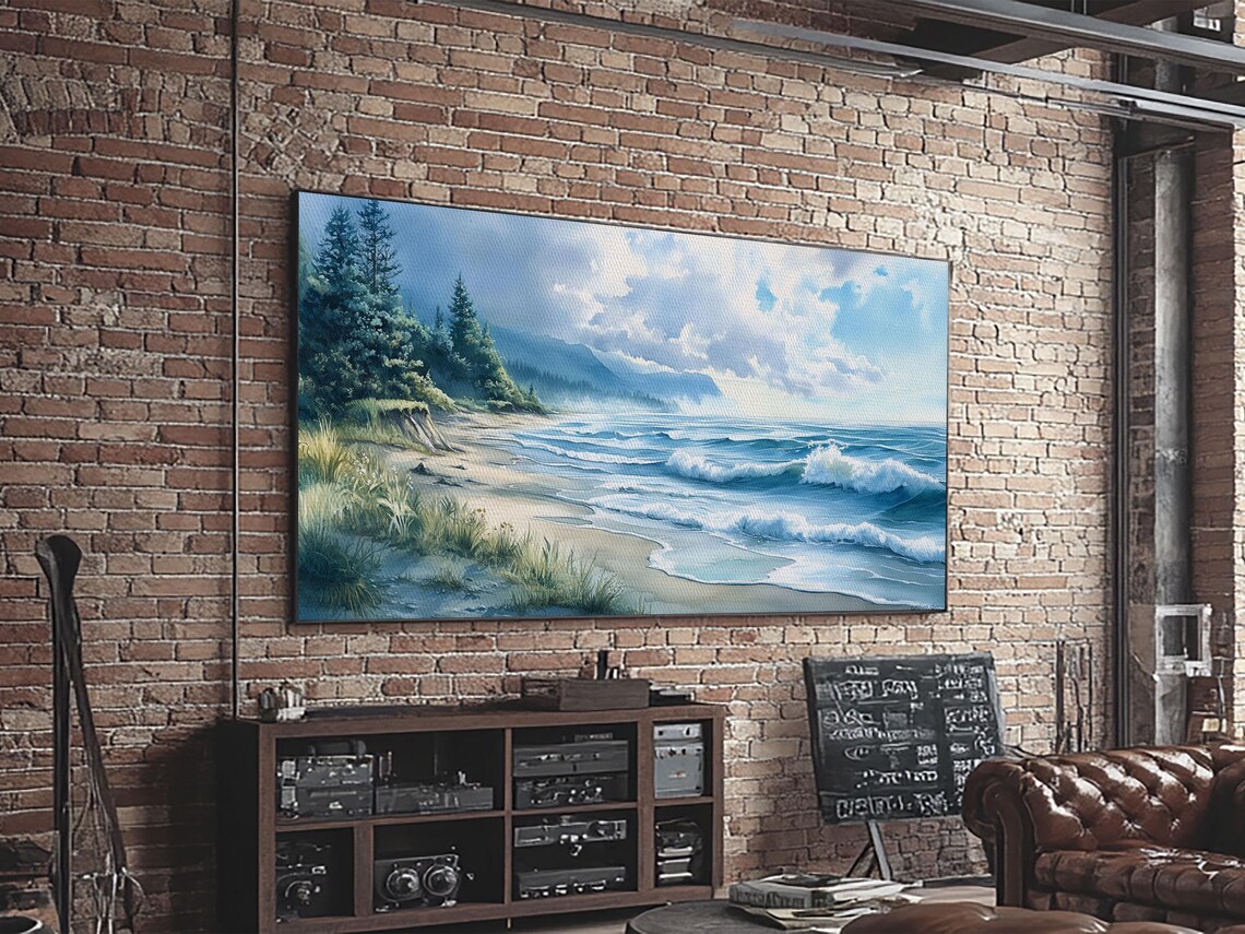 Misty Coastal Morning Seascape Painting Waves Pine Forest Beach Art Poster - Image 5