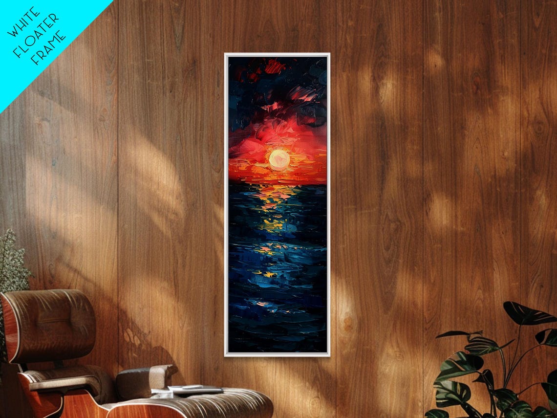 Dramatic Red Sunset Ocean Waves Coastal Impasto Painting Art Print - Image 4