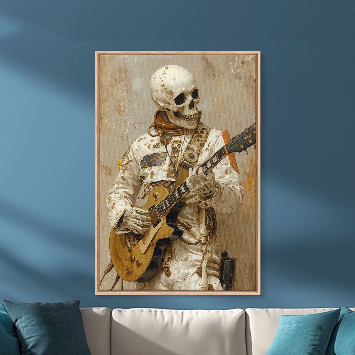 Skeleton Astronaut Playing Guitar Vintage Gothic Oil Painting Wall Art