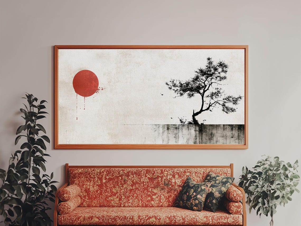 Japanese Red Sun Pine Tree Minimalist Ink Painting Zen Wall Art Poster - Image 2