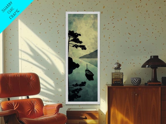 Skinny Art Tall Art Serene Lake Scene With Boat Wood Block Print Japanese Style Art Framed Print Calm Reflections On Still Water