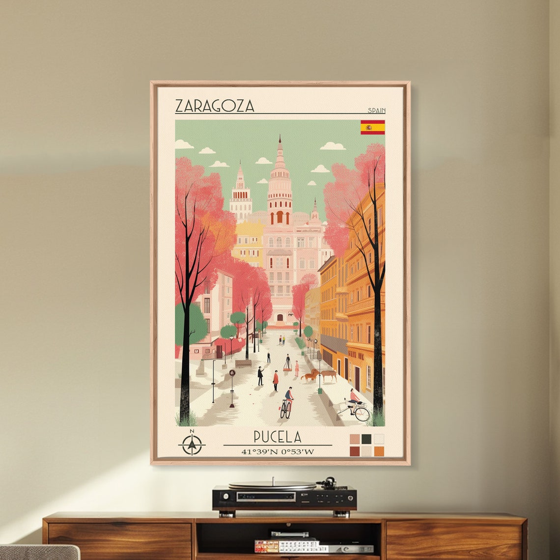 Zaragoza Spain Basilica Towers Pink Tree Lined Plaza Travel Poster
