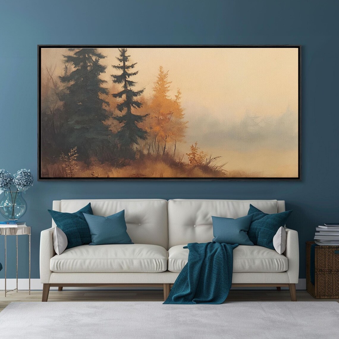 Autumn Watercolor Pines Golden Birch Foggy Morning Minimal Poster - Image 5