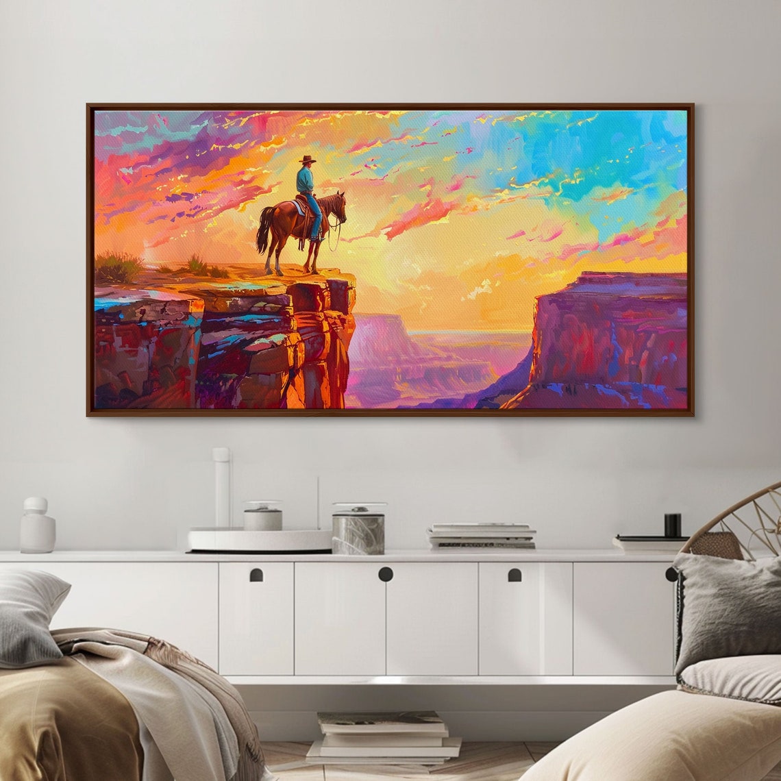 Lone Cowboy On Horse At Canyon Edge Vibrant Sunset Western Print