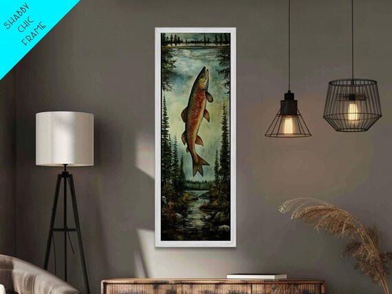 Trout In Mountain Scene Framed Print Rustic Landscape Art Fly Fishing Wall Art Skinny Wall Art Tall Vertical Decor