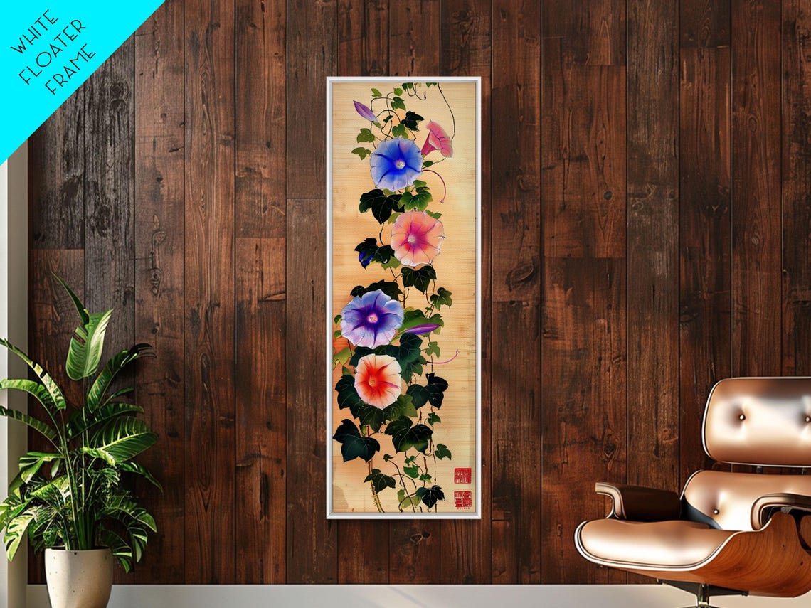 Colorful Morning Glory Vines On Natural Bamboo Wood Ukiyo E Art Poster