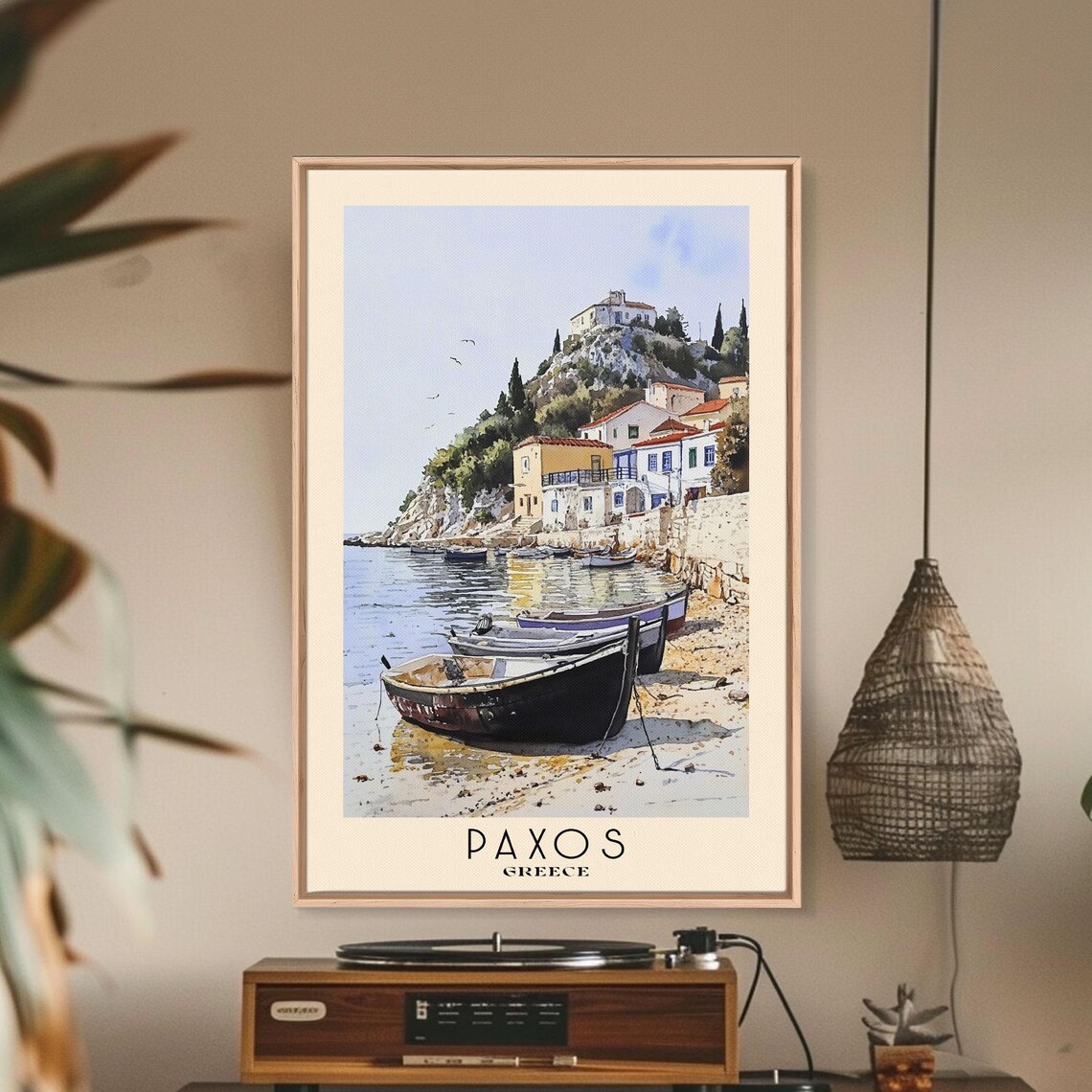 Paxos Greece Harbor Fishing Boats Village Hillside Watercolor Poster - Image 2