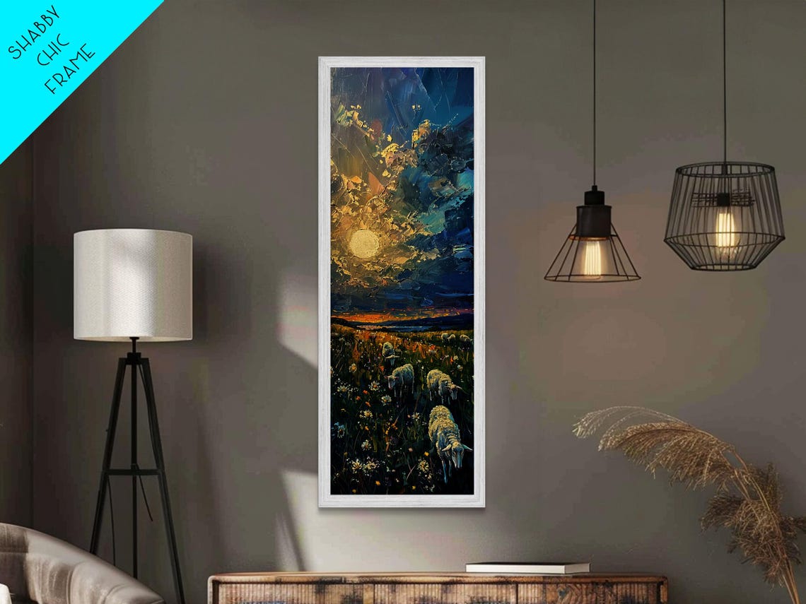 Lambs Grazing In Wildflower Meadow At Sunset Impasto Field Poster - Image 2
