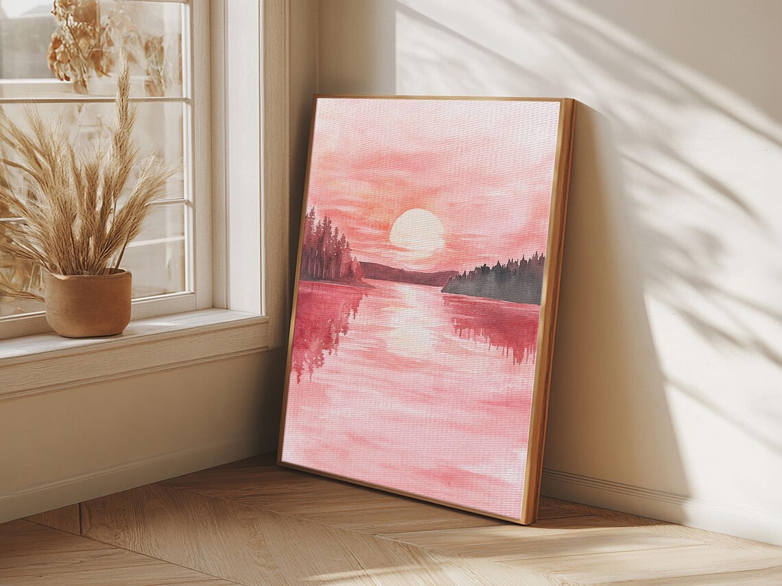 Pink Sunset Over The Lake Watercolor Peaceful Nature Wall Art Print - Image 4