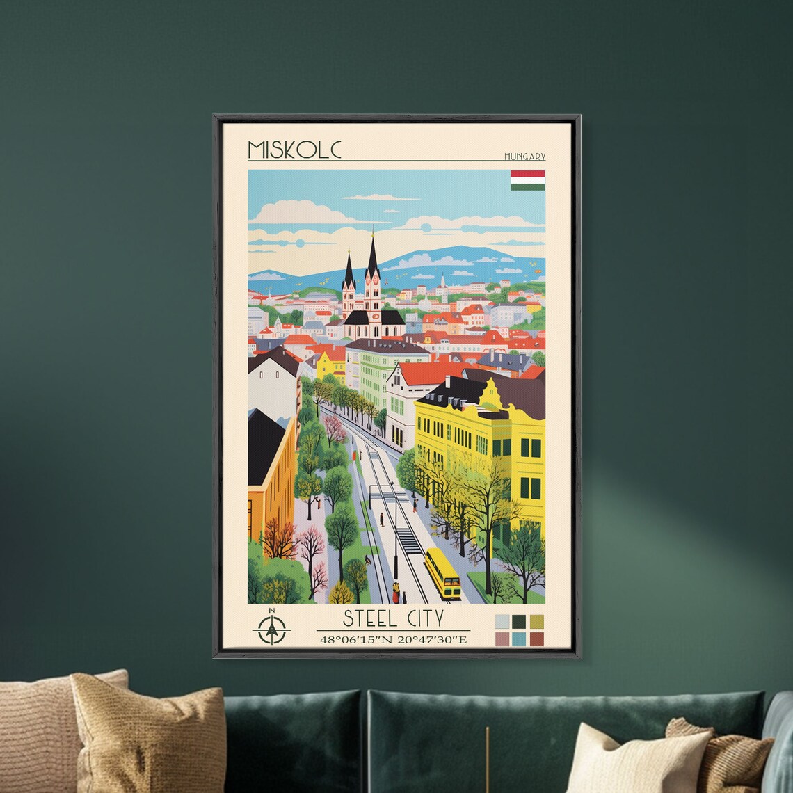Miskolc Hungary Tram Street Church Spires Hillside City Travel Poster - Image 3