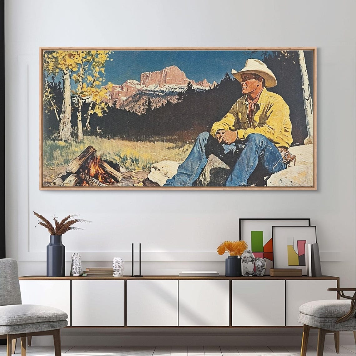 Cowboy Resting By A Campfire With A Mountain Backdrop Art Print - Image 6