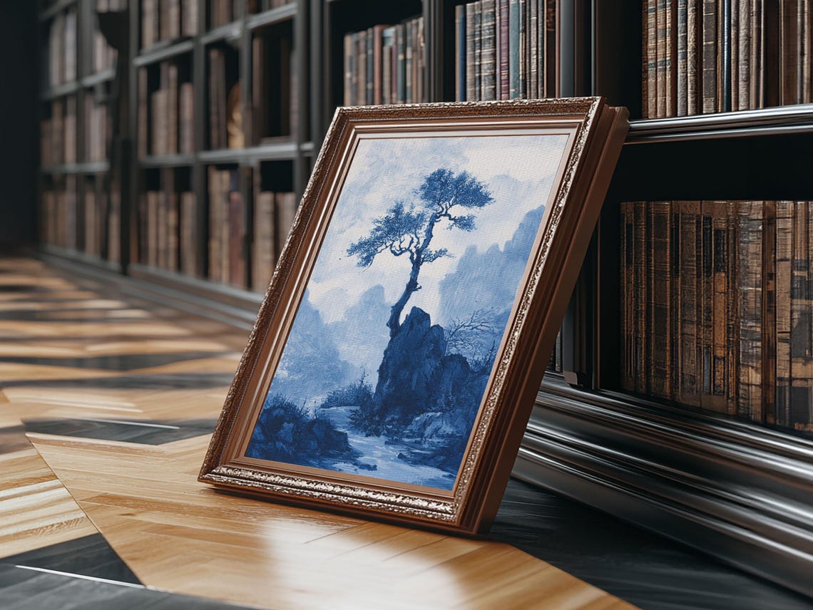 Blue White Chinoiserie Pine Tree Cliff Mountain Misty Asian Art Poster - Image 2