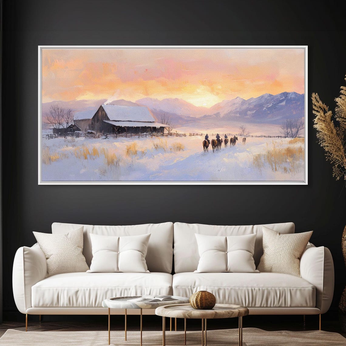 Snowy Farmhouse Sunset Ranch Barn Riders Winter Mountain Poster - Image 5