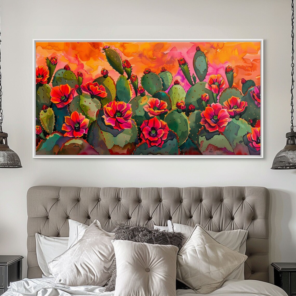Desert Landscape With Blooming Cacti, Sunset Art Print - Image 5