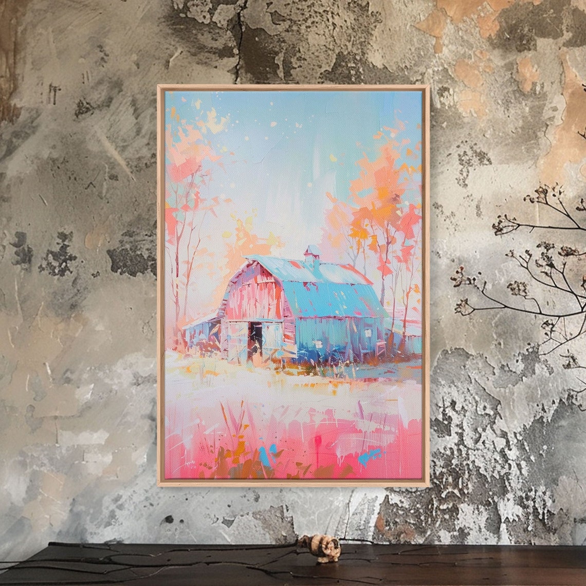 Pastel Barn Blue Roof Dreamy Pink Trees Farmhouse Wall Art Poster - Image 2