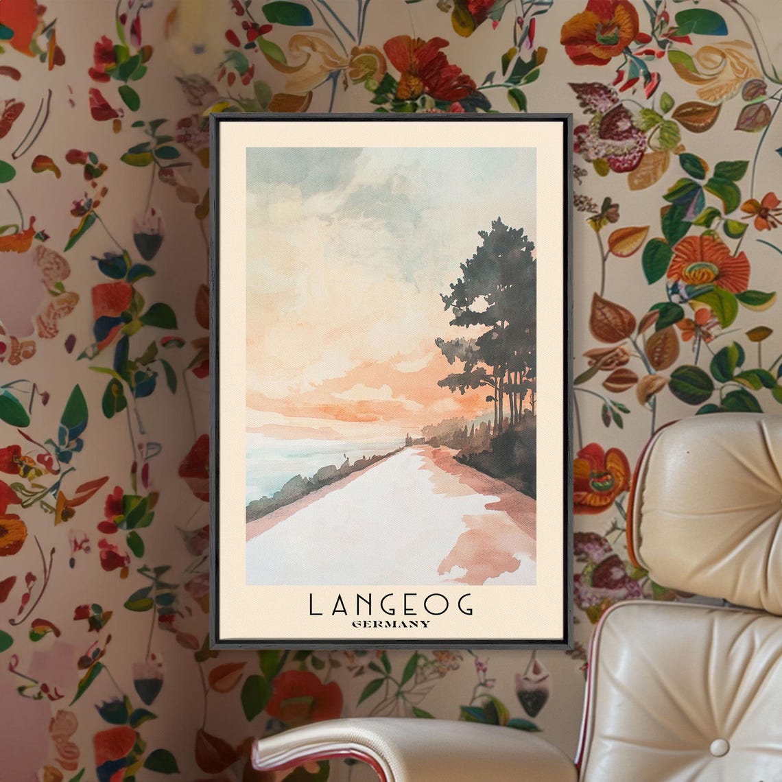Langeog Germany Soft Pastel Pale Shore Trees Peach Sky Poster - Image 2