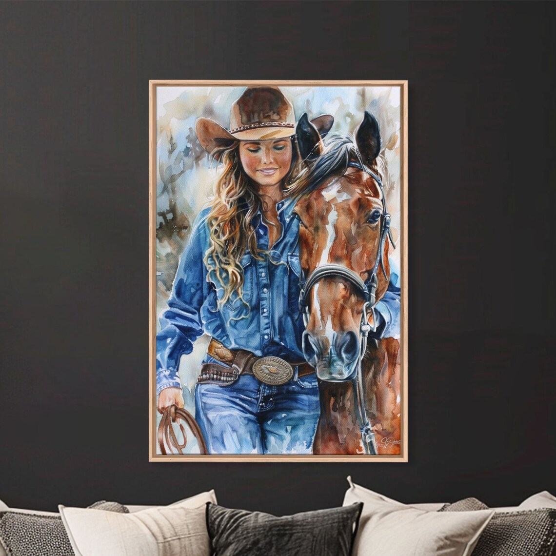 Cowgirl Embracing Horse Gentle Watercolor Western Bond Wall Art Poster