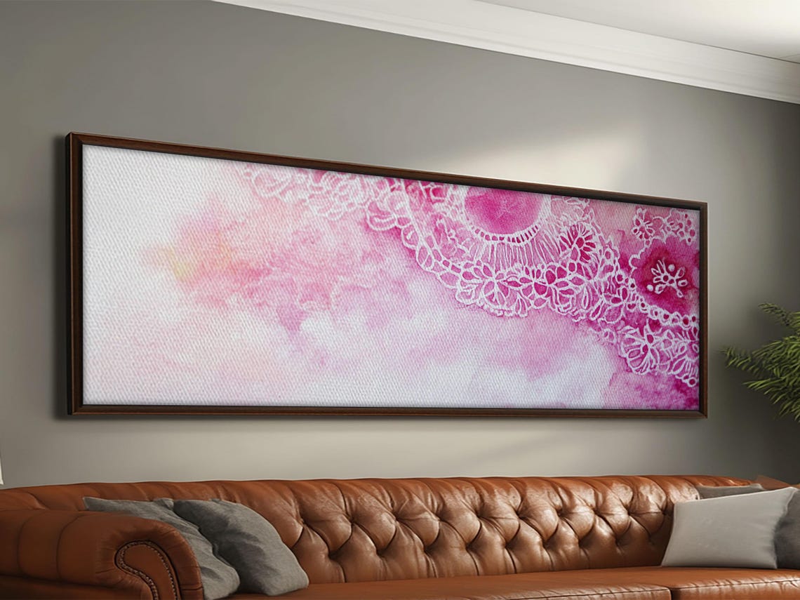Delicate Pink Lace Doily Watercolor Floral Pattern Panoramic Art Print