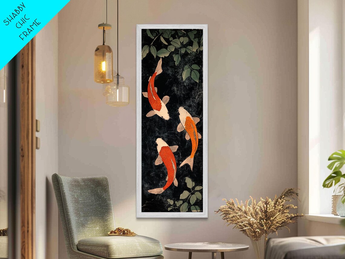 Three Koi Fish Black Pond Green Leaves Japanese Style Painting Poster - Image 2