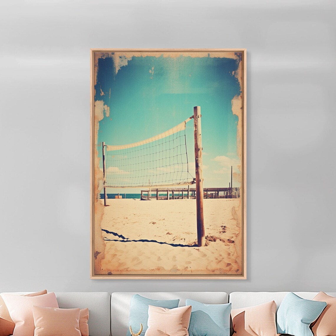 Beach Volleyball Net On Sandy Shore Pier Retro Summer Sports Photo Poster