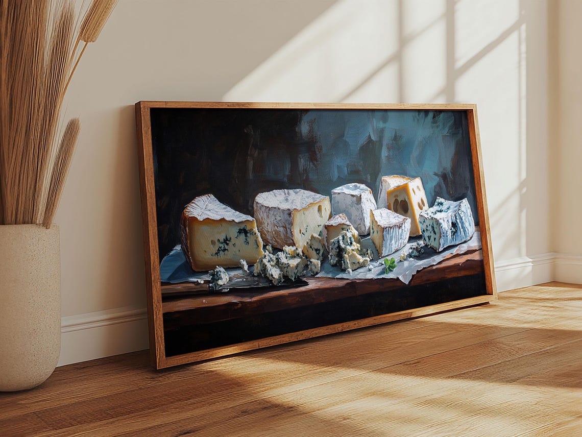 Blue Cheese Wedges Still Life Dark Table Rustic Oil Painting Print