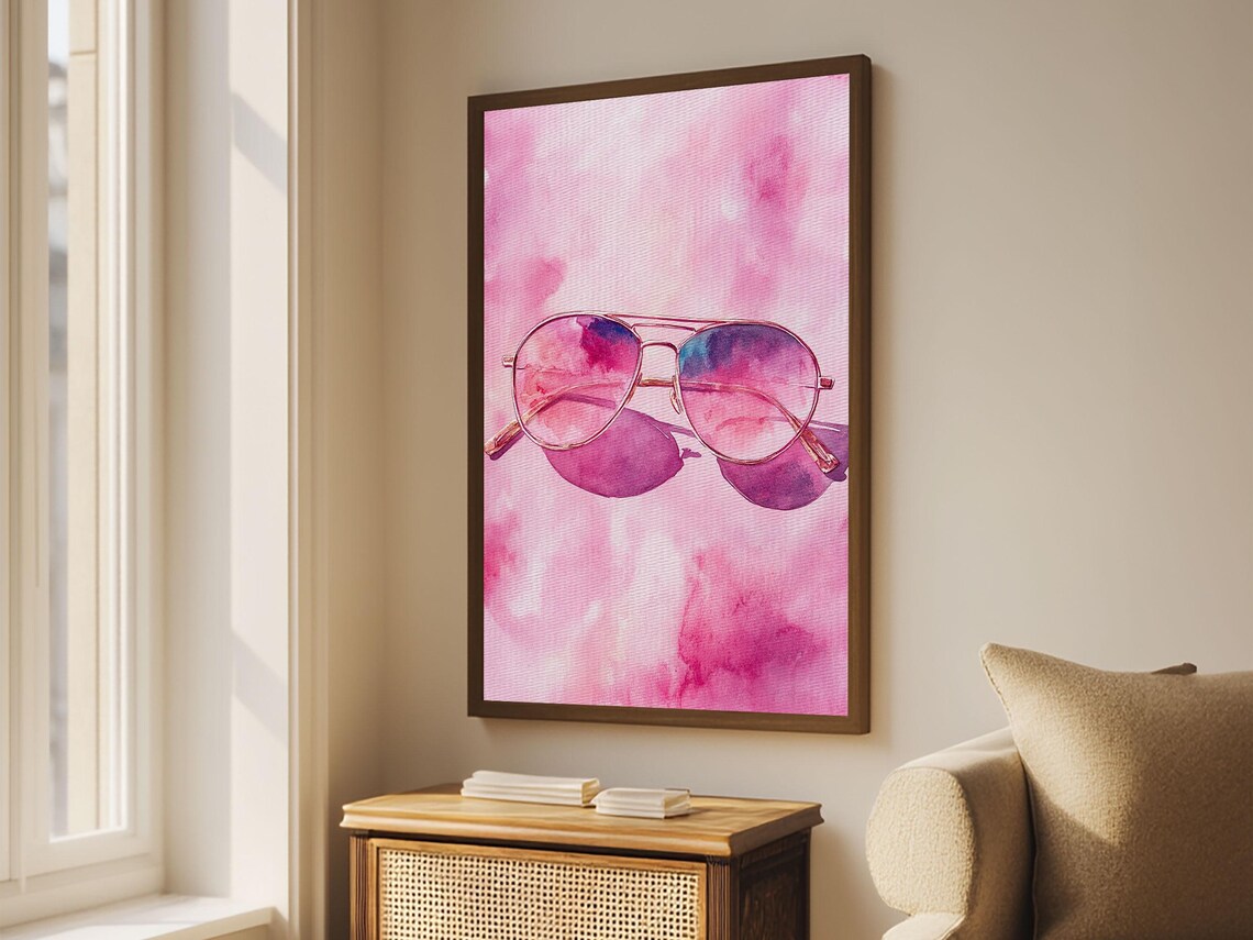 Pink Aviator Sunglasses Watercolor Summer Retro Fashion Wall Art Print