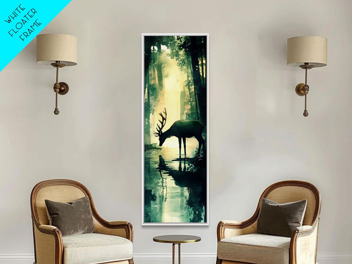 Serene Deer Drinking At Misty Forest Lake Green Reflection Art Poster - Image 3