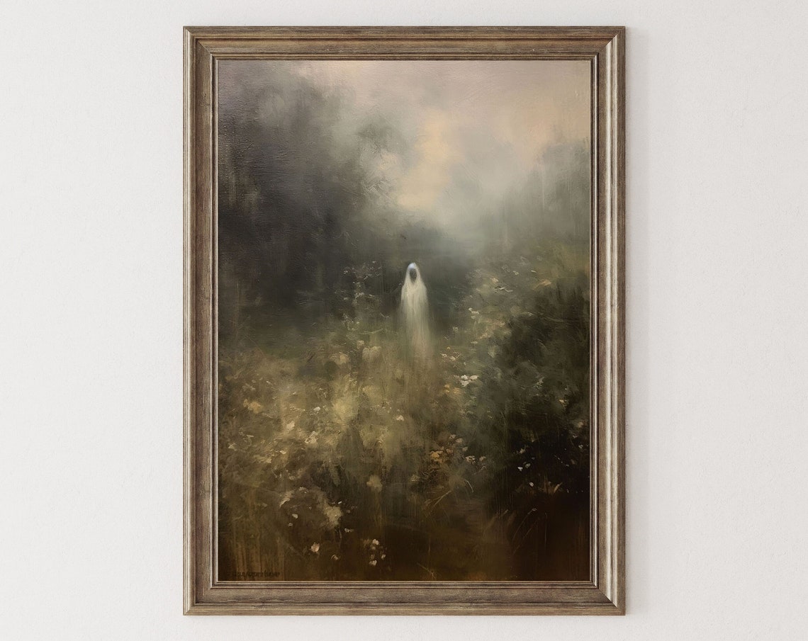 Spooky Ghost in Misty Wildflower Garden Moody Gothic Decor Poster