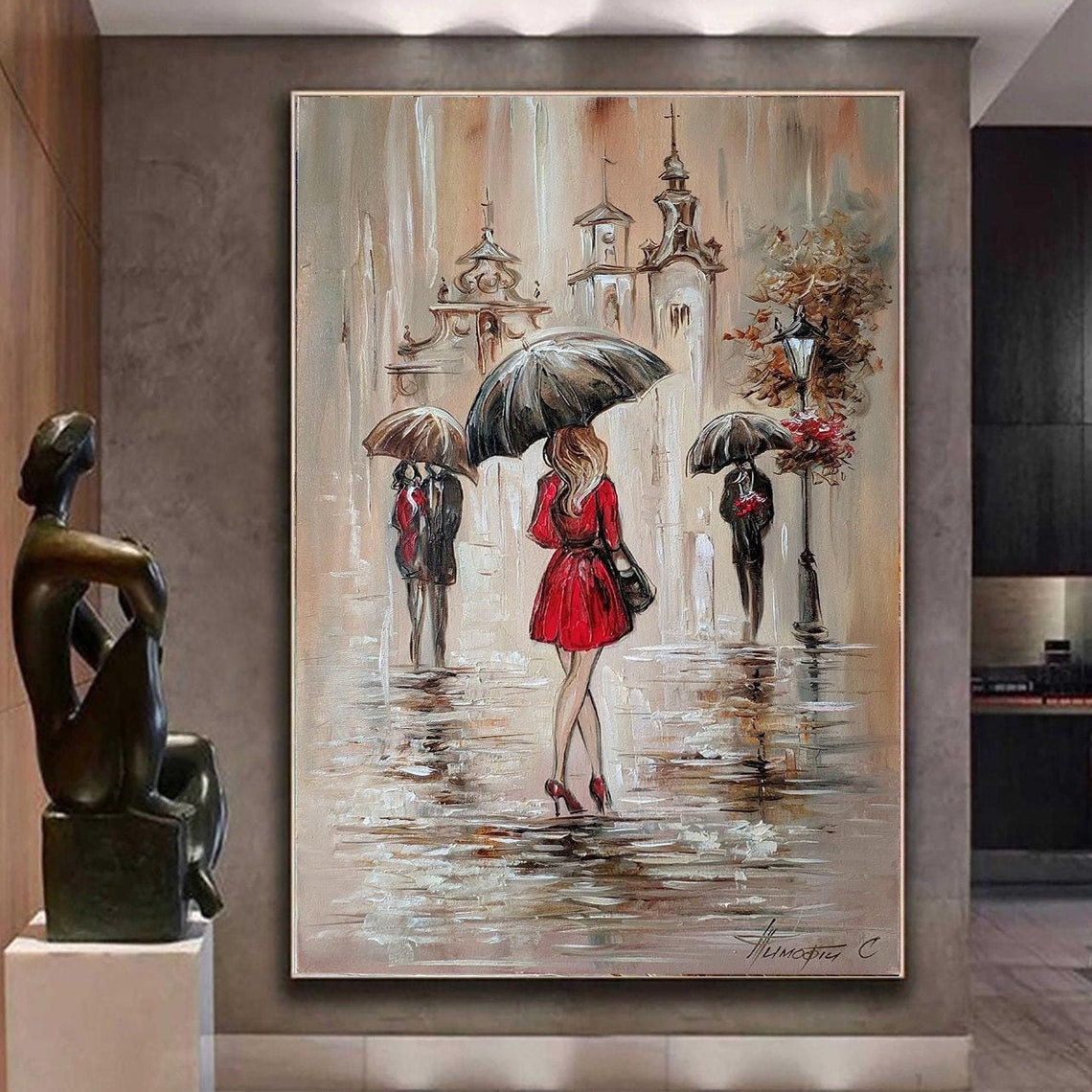 Woman Walking In The Rain Painting Girl With Umbrella Painting Rainy Day Wall Art Rainy Street Art Woman With Umbrella Red Dress Painting