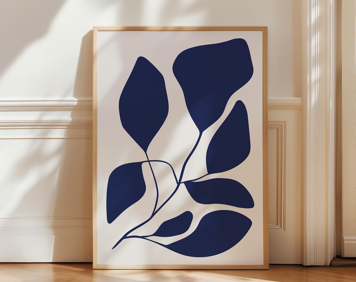 Navy Blue Botanical Abstract Floral Art Print