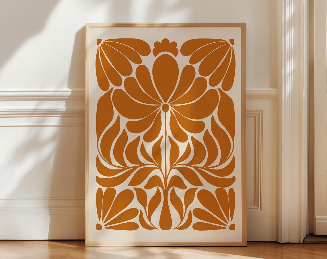 Burnt Orange Scandinavian Folk Art Botanical Floral Wall Decor Poster