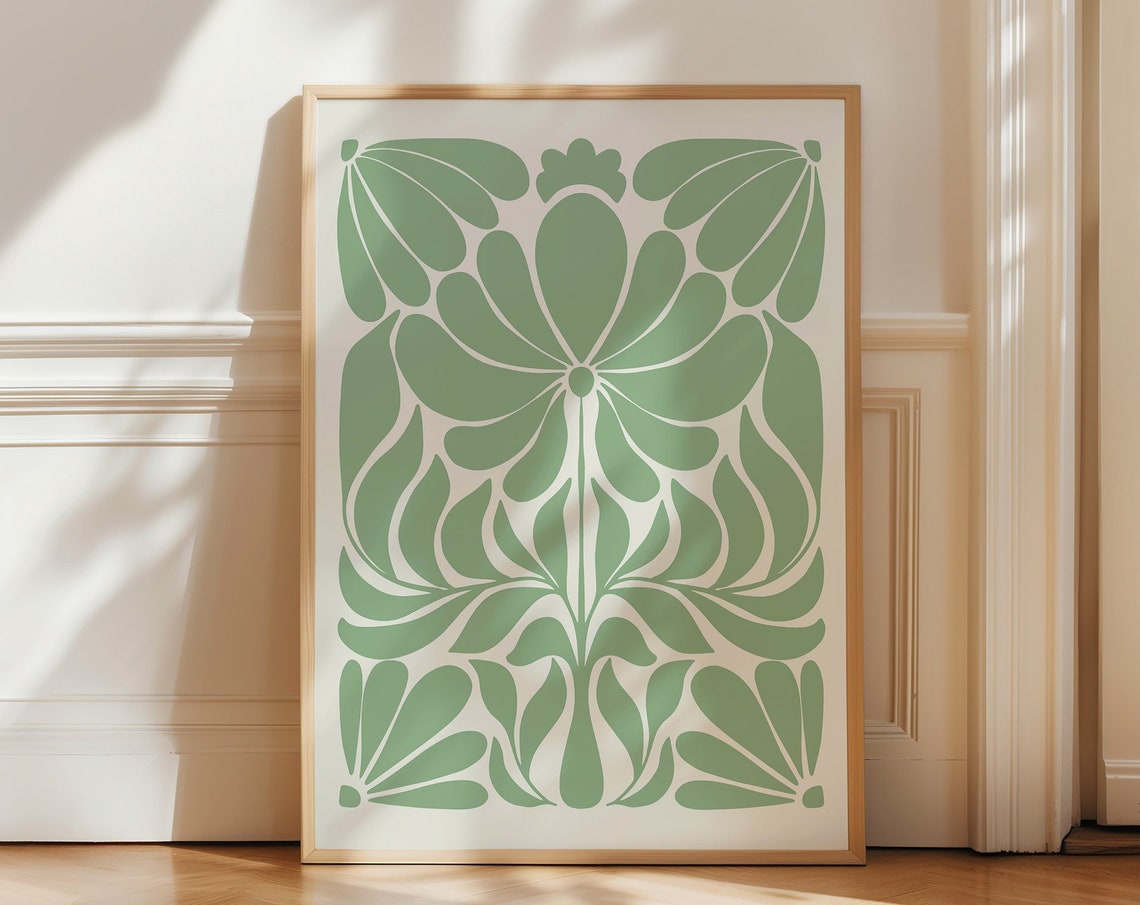 Norway Folk Art Sage Green Botanical Scandinavian Decorative Poster