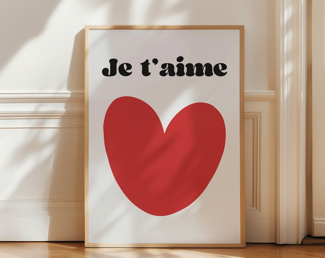 Romantic Je Taime French Love Quote Red Heart Typography Poster