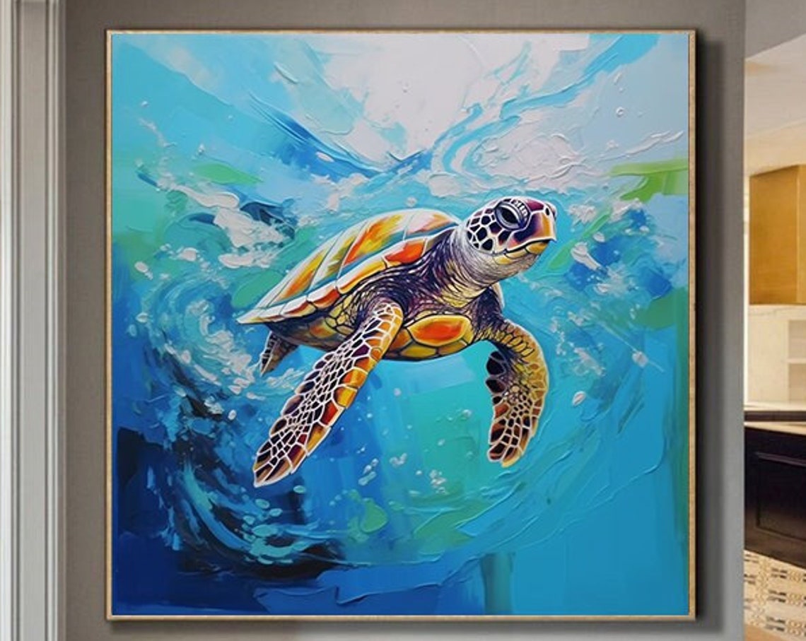 Colorful Sea Turtle Underwater Blue Ocean Impasto Art Poster