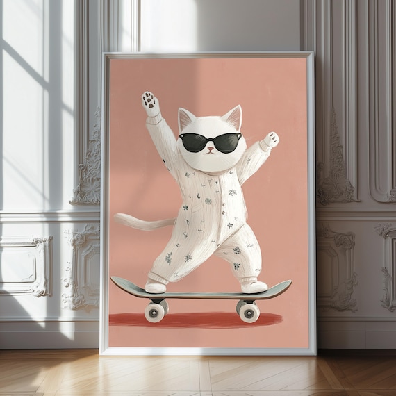 White Cat in Pajamas Riding Skateboard Sunglasses Fun Poster