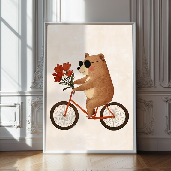 Bear Riding Bicycle with Red Flowers Cute Sunglasses Art Poster