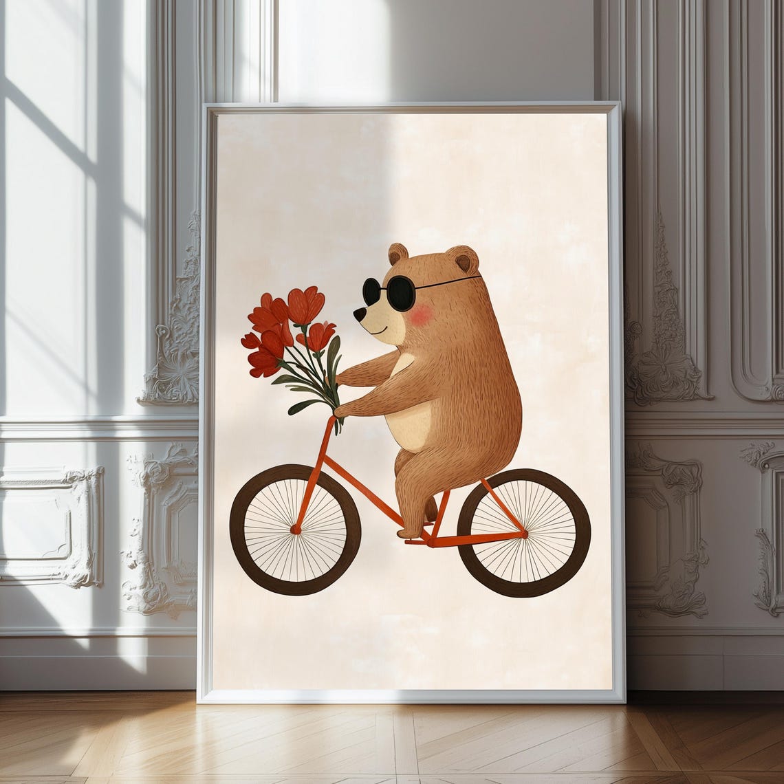 Bear Riding Bicycle with Red Flowers Cute Sunglasses Art Poster