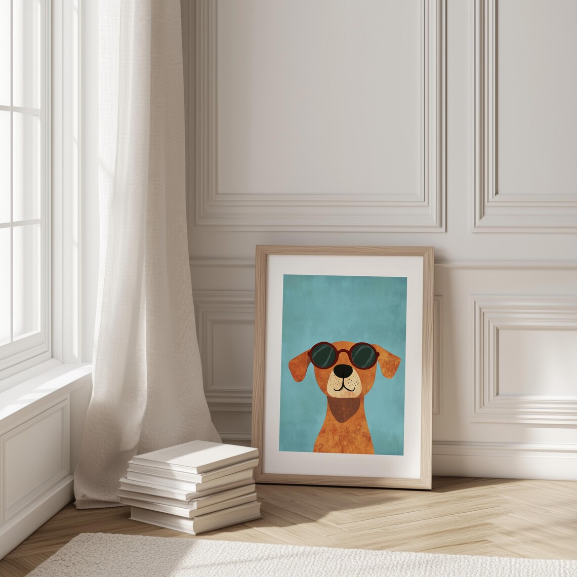 Cute Brown Dog With Sunglasses On Teal Kids Room Nursery Poster